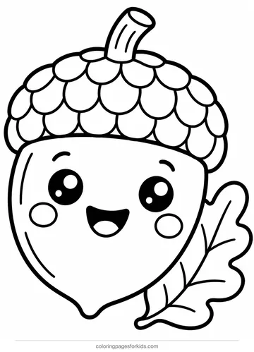 Acorn coloring page of a big smiling acorn with one oak leaf, easy printable for ages 3-5