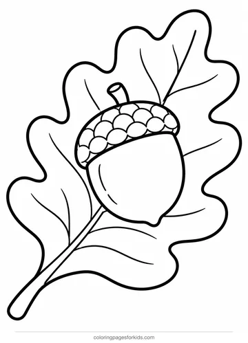 Acorn coloring page of a plump acorn on a big oak leaf, easy printable for ages 3-5