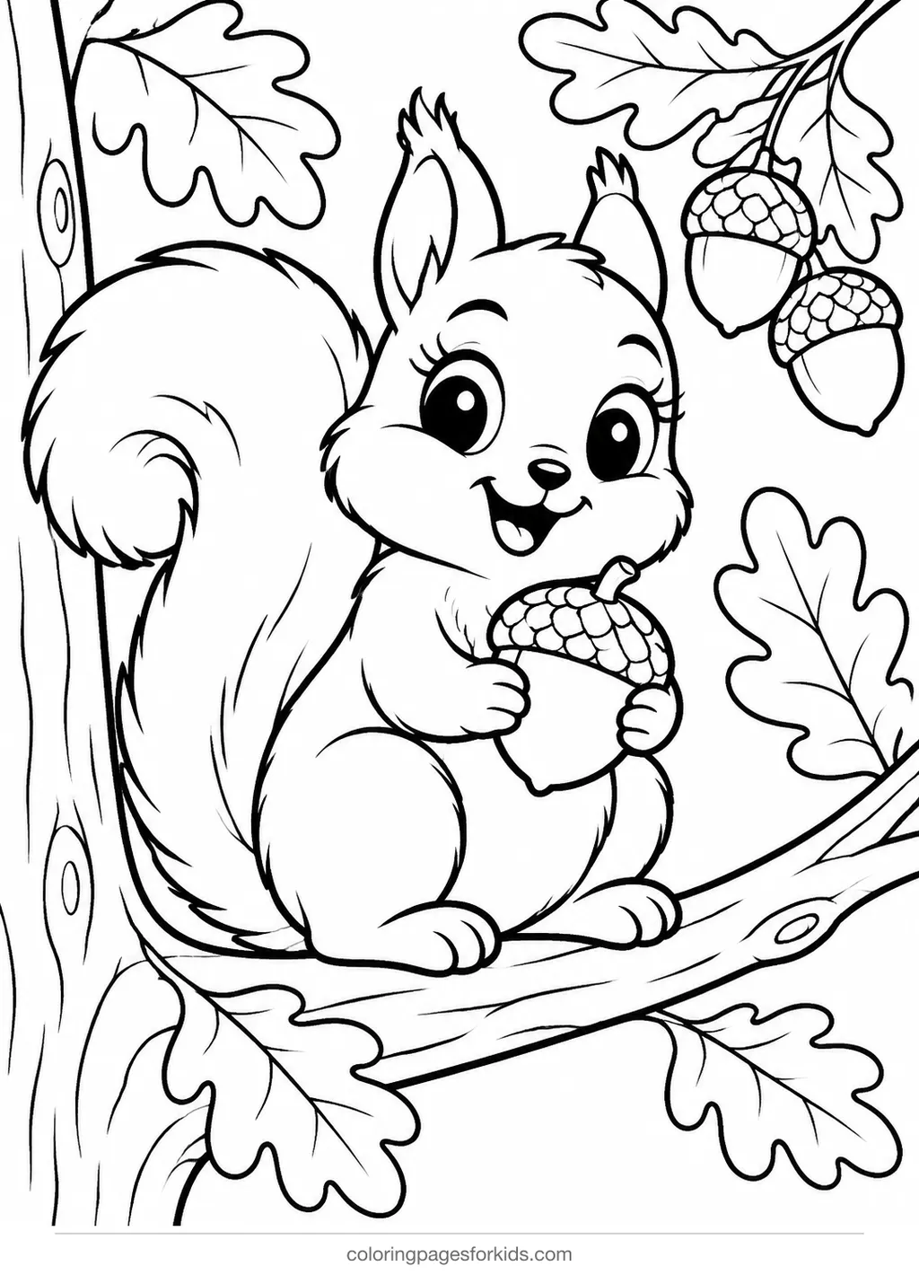 Acorn coloring page of a squirrel holding an acorn on an oak branch, medium printable for ages 5-7
