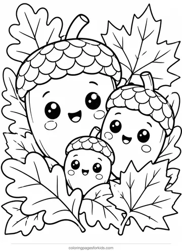 Acorn coloring page of a smiling acorn family in leaves, medium printable for ages 5-7