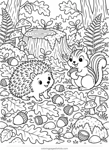 Acorn coloring page of a forest floor with animals and fallen leaves, detailed printable for ages 7-10