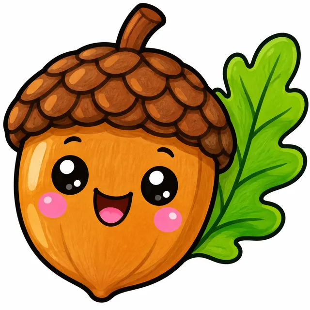 Colored cute smiling acorn with an oak leaf for printable acorn coloring pages