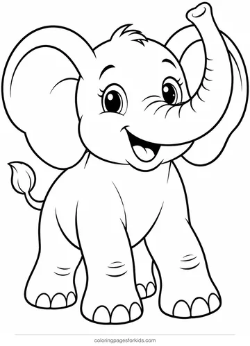 Animal coloring page of a smiling elephant with its trunk raised, easy printable for ages 3-5