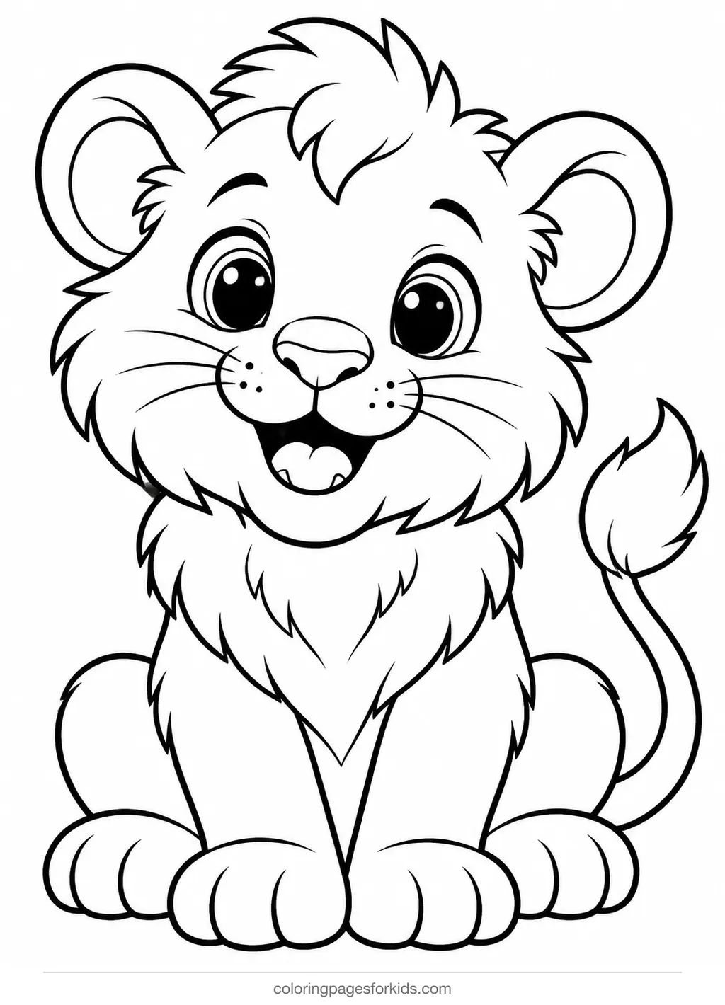 Animal coloring page of a sitting lion cub with a fluffy tuft, easy printable for ages 3-5