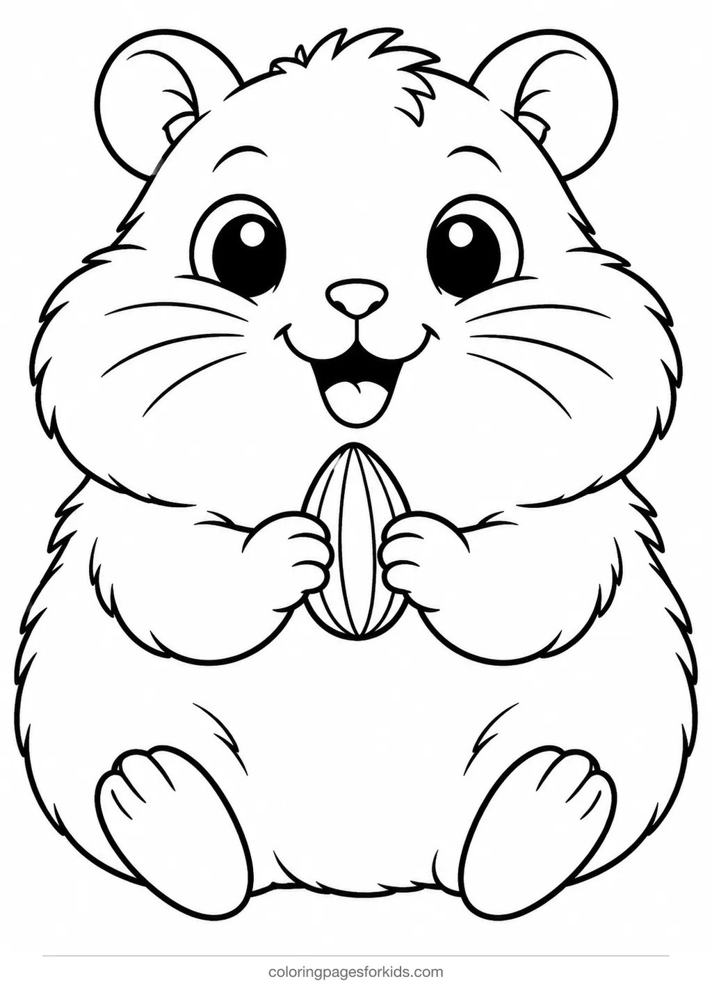 Animal coloring page of a hamster holding a seed, easy black-and-white printable for ages 3-5