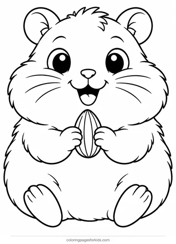 Animal coloring page of a hamster holding a seed, easy black-and-white printable for ages 3-5