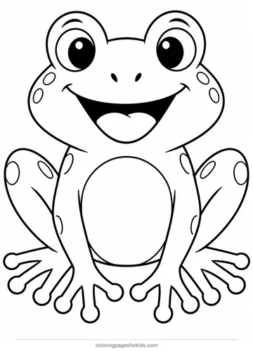 Animal coloring page of a smiling frog with webbed feet, easy printable for ages 3-5