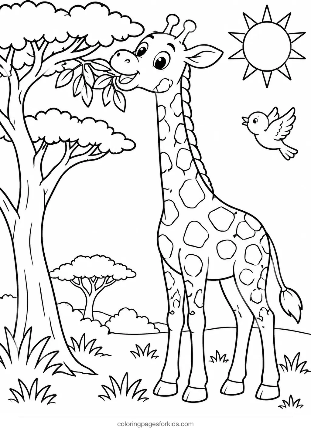 Animal coloring page of a giraffe eating leaves by a tree, medium printable for ages 5-7