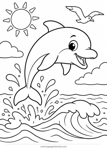 Animal coloring page of a dolphin jumping over waves, medium printable for ages 5-7