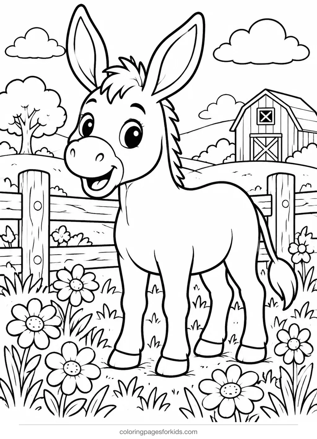 Animal coloring page of a donkey in a farm meadow, medium printable for ages 5-7