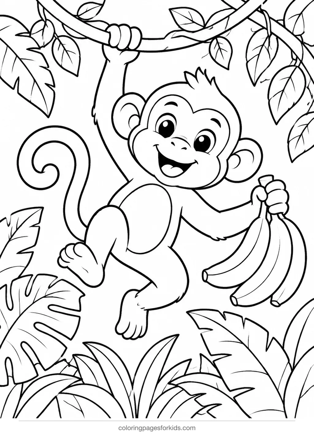 Animal coloring page of a monkey swinging on a vine, medium printable for ages 5-7