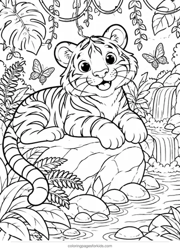 Animal coloring page of a tiger resting in the jungle, detailed printable for ages 7-10