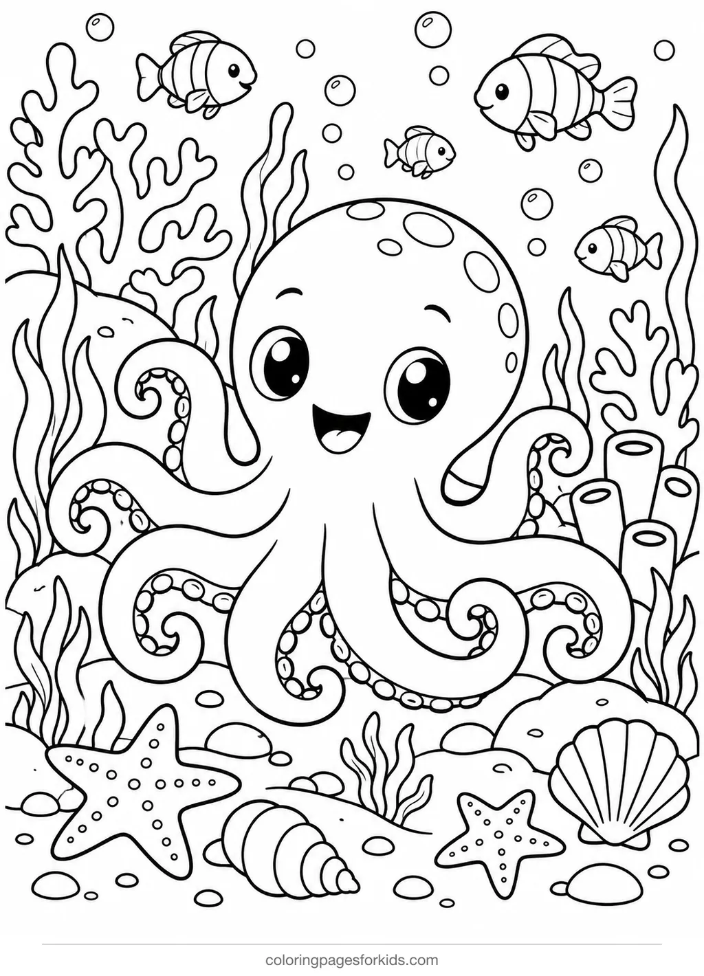 Animal coloring page of an octopus in a coral reef, detailed printable for ages 7-10