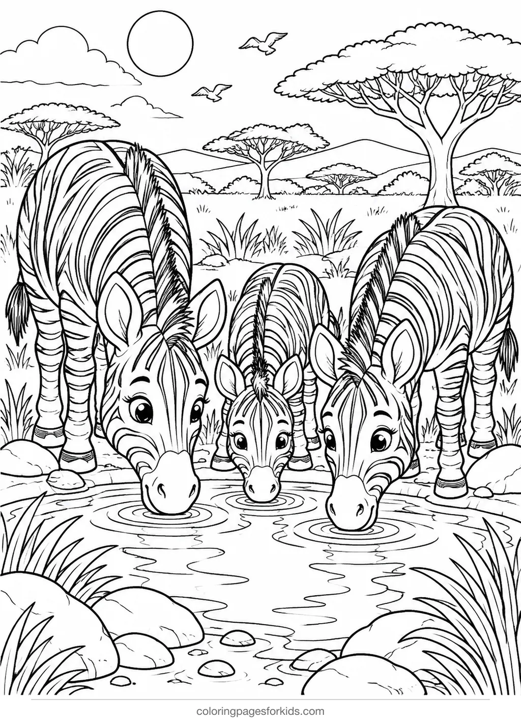 Animal coloring page of zebras at a watering hole, detailed printable for ages 7-10