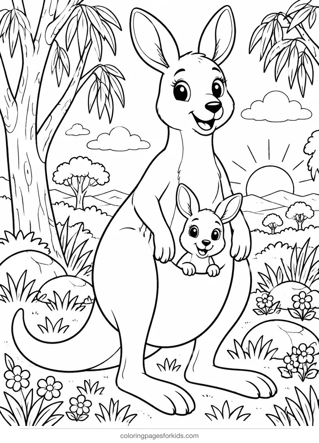 Animal coloring page of a kangaroo mother with a joey, detailed printable for ages 7-10