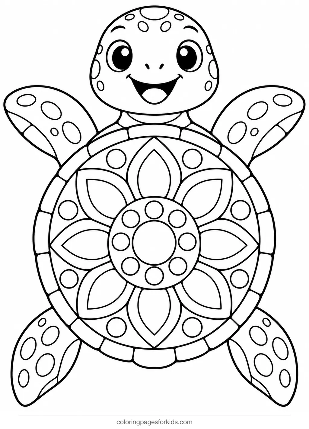 Animal mandala coloring page of a smiling turtle with a patterned shell, easy printable for preschoolers