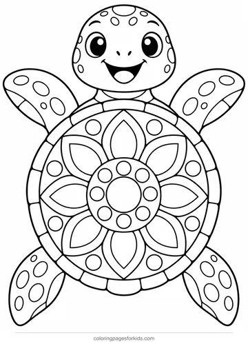 Animal mandala coloring page of a smiling turtle with a patterned shell, easy printable for preschoolers