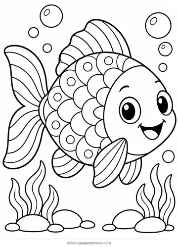 Animal mandala coloring page of a smiling fish with large patterned scales, easy printable for ages 3-5