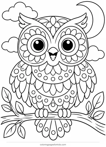 Owl mandala coloring page of a cute owl with feather circles, medium printable for ages 5-7