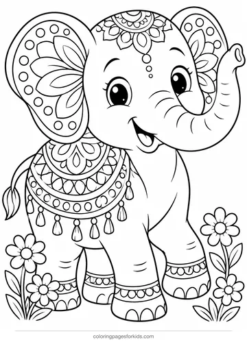Elephant mandala coloring page of a smiling elephant with patterned ears, medium printable for ages 5-7