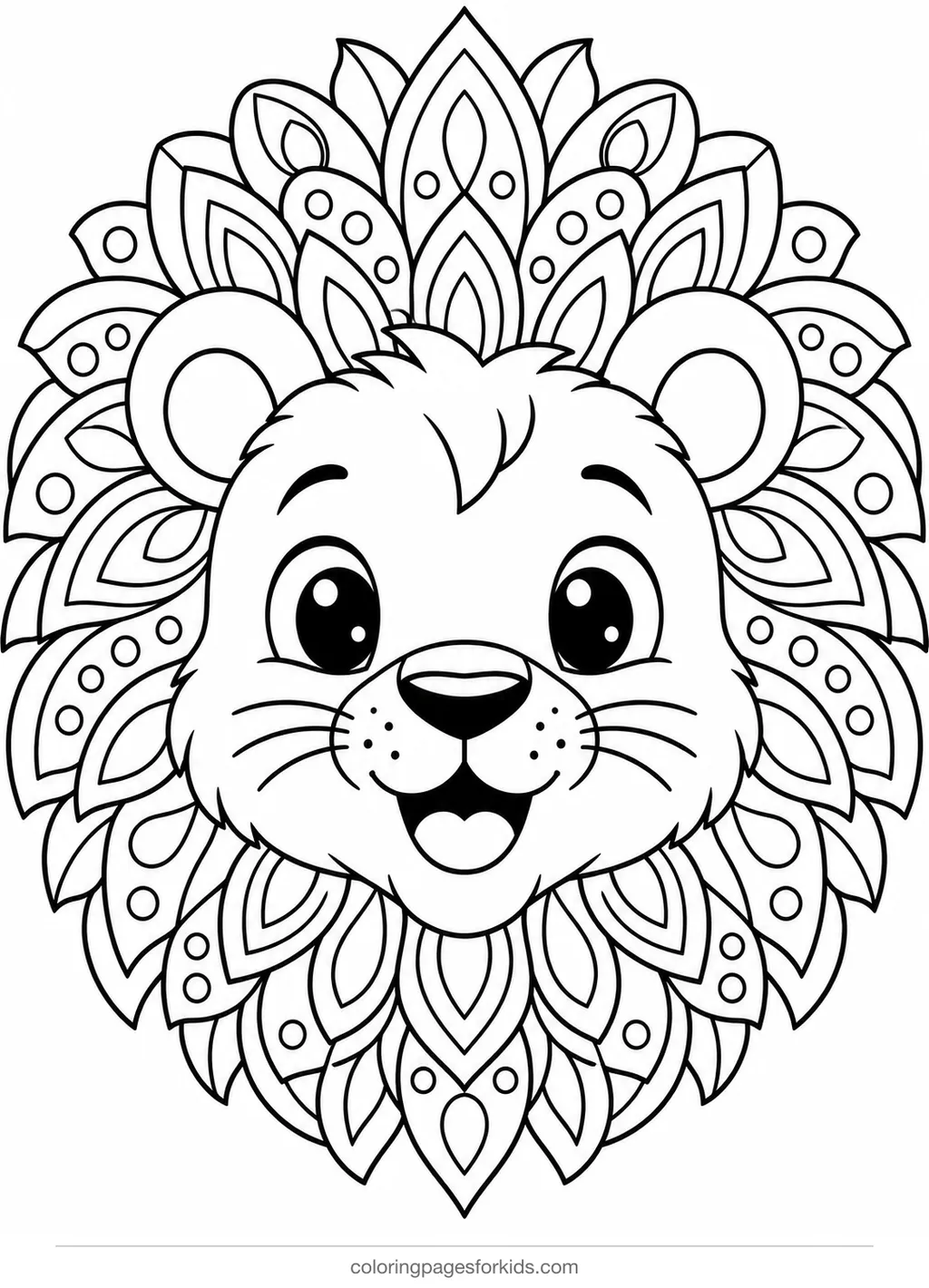 Animal mandala coloring page of a lion face with a patterned mane, detailed printable for ages 7-10