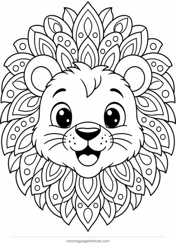 Animal mandala coloring page of a lion face with a patterned mane, detailed printable for ages 7-10