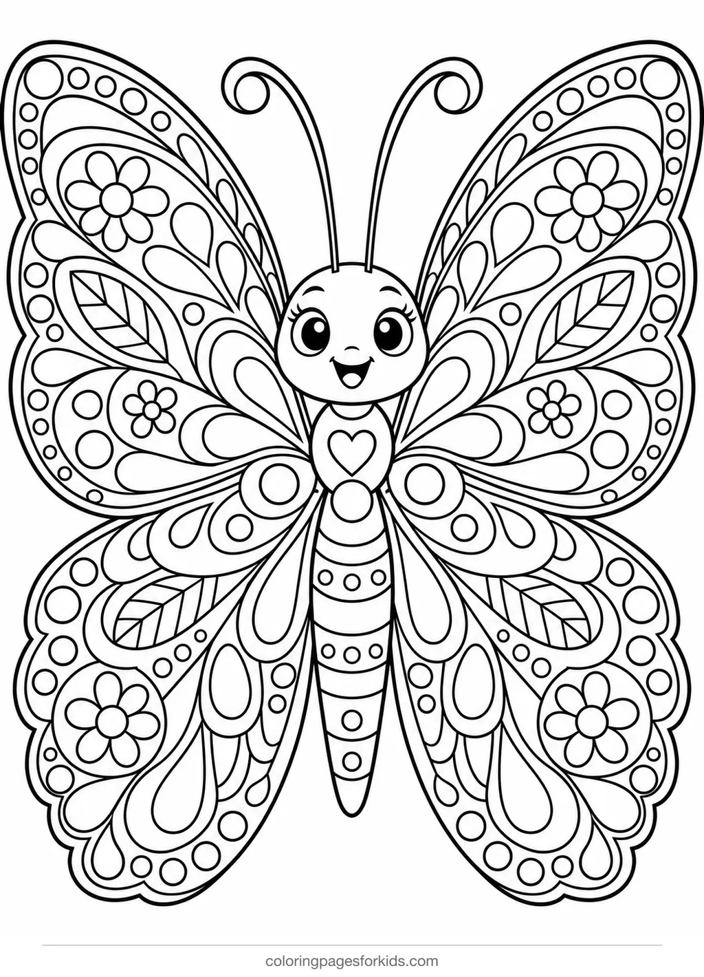 Animal mandala coloring page of a symmetric butterfly with patterned wings, detailed printable for ages 7-10