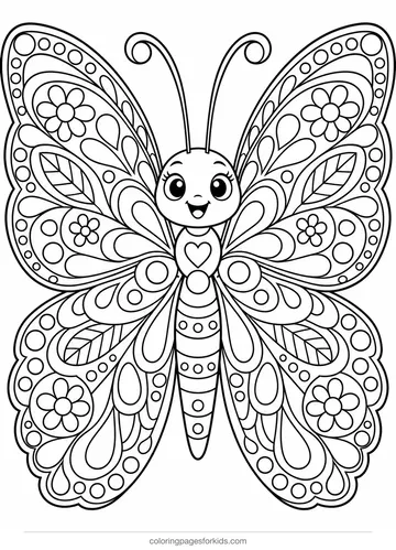 Animal mandala coloring page of a symmetric butterfly with patterned wings, detailed printable for ages 7-10