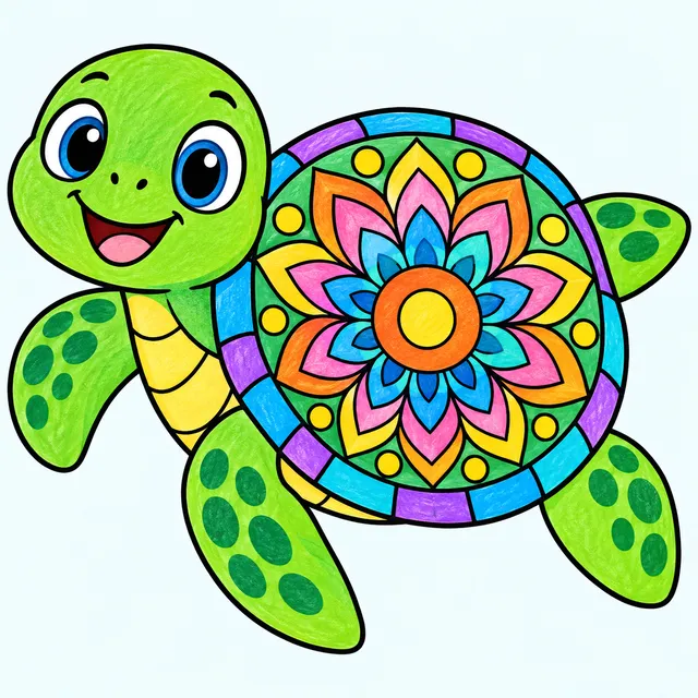Colored example of a cute turtle animal mandala coloring page for kids