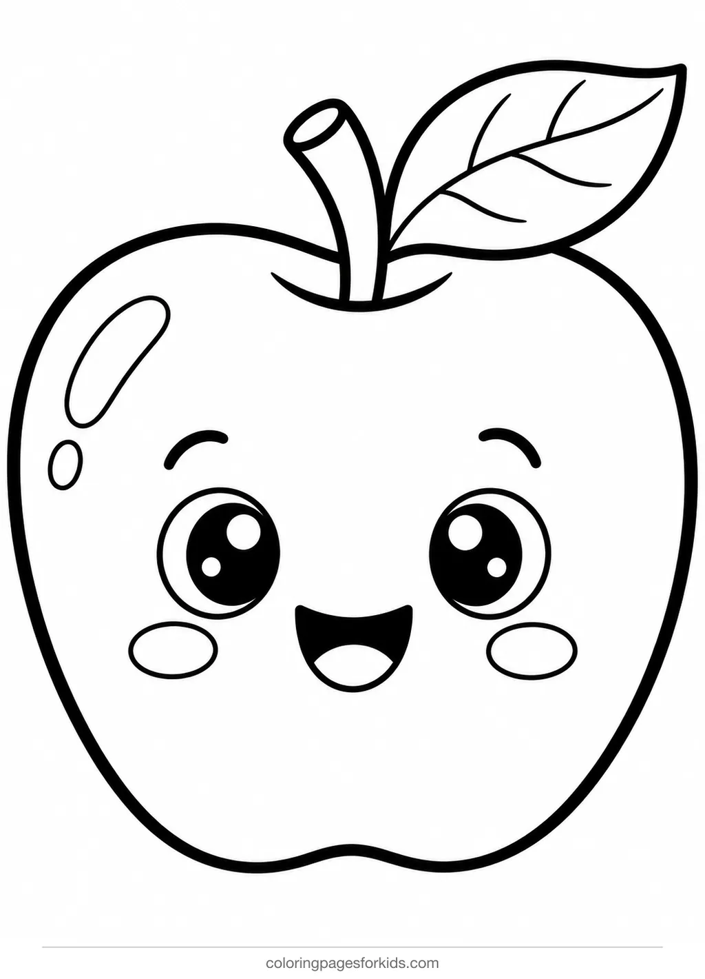 Apple coloring page of one big apple with a leaf, easy black-and-white printable for ages 3-5