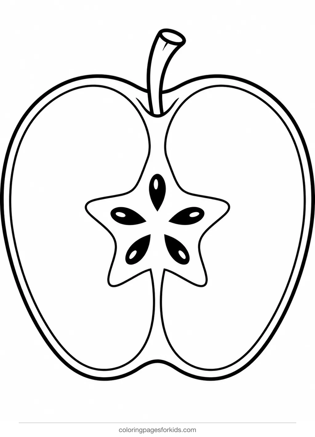 Apple coloring page of a sliced apple with star core, easy black-and-white printable for ages 3-5