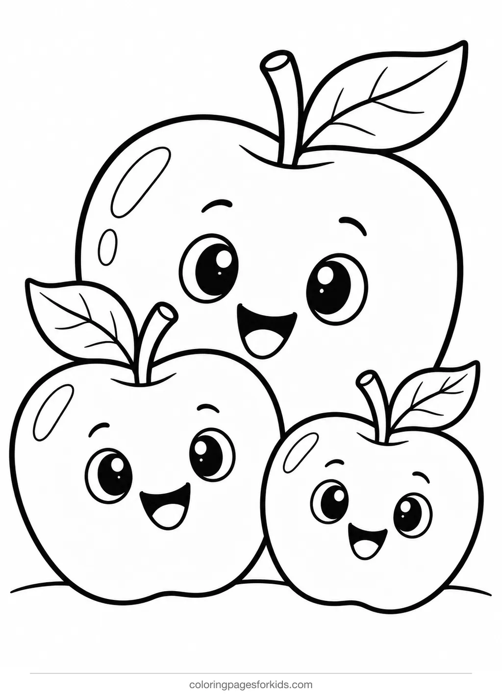 Apple coloring page of three smiling apple friends, easy black-and-white printable for ages 3-5