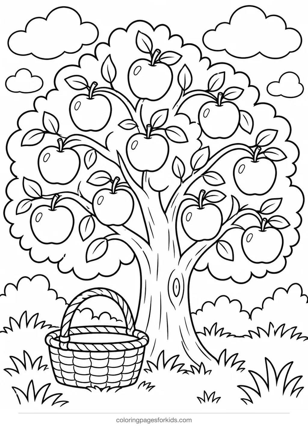 Apple tree coloring page with ten apples and a basket, medium black-and-white printable for ages 5-7