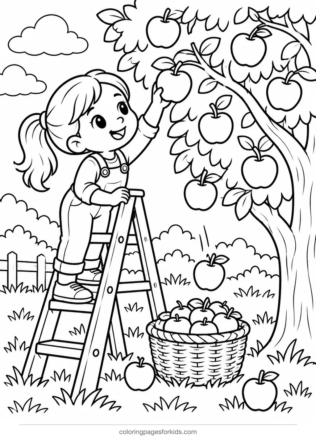 Apple coloring page of a cartoon child picking apples into a basket, medium printable for ages 5-7