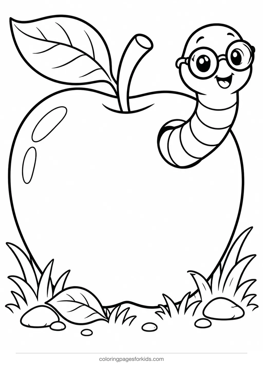 Apple coloring page of a friendly worm with glasses in an apple, medium printable for ages 5-7