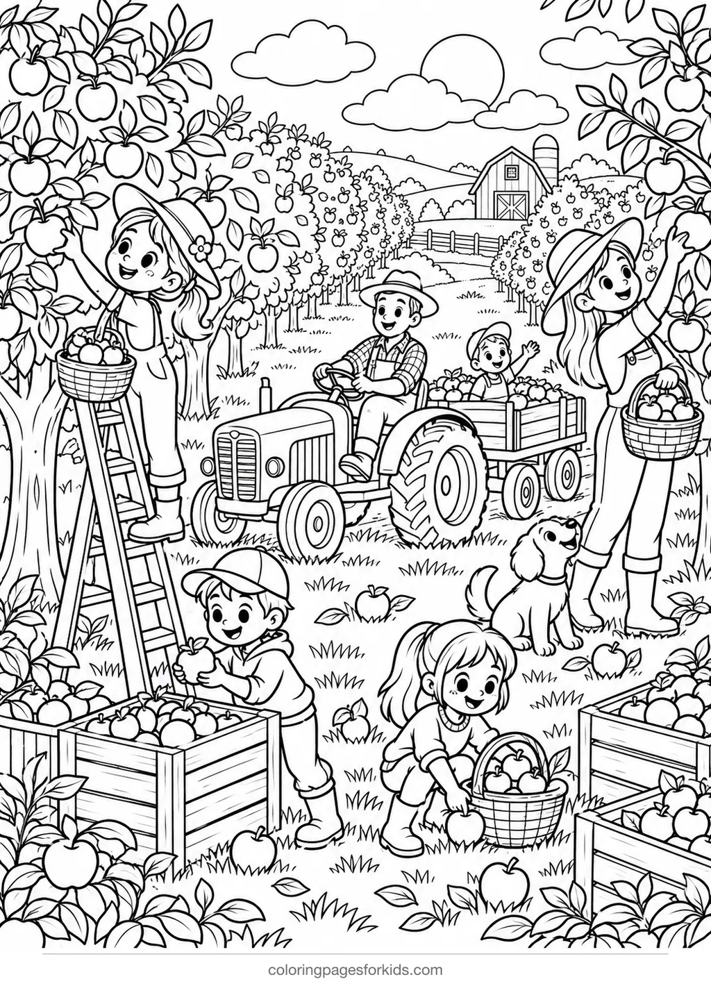 Apple coloring page of an orchard harvest with trees and wagon, detailed printable for ages 7-10