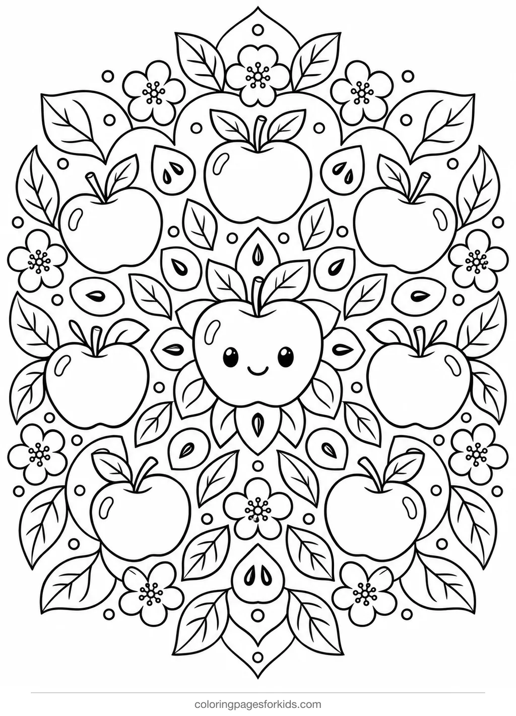 Apple coloring page mandala with apples, leaves and blossoms, detailed printable for ages 7-10