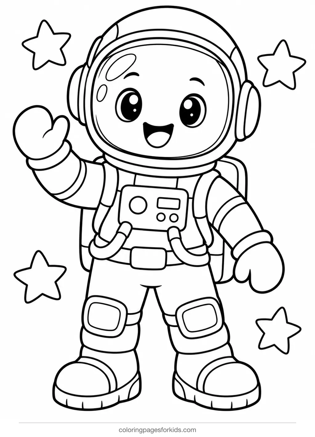 Astronaut coloring page of a smiling astronaut waving, easy black-and-white printable for ages 3-5