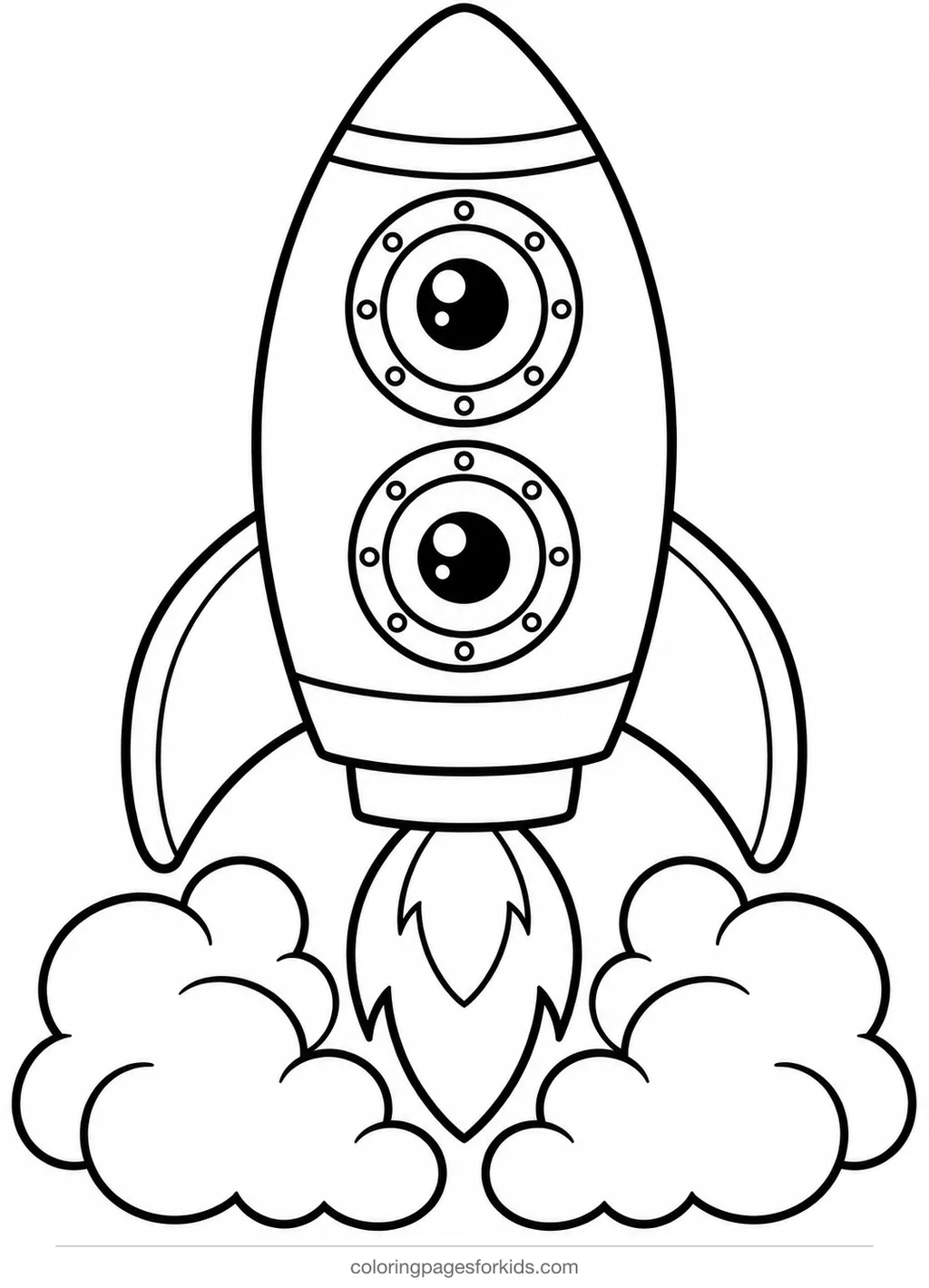 Rocket coloring page of a simple rocket with round windows, easy printable for ages 3-5