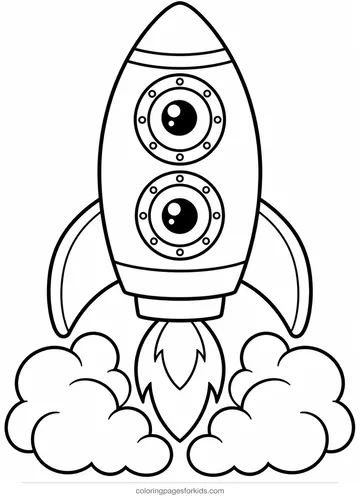 Rocket coloring page of a simple rocket with round windows, easy printable for ages 3-5