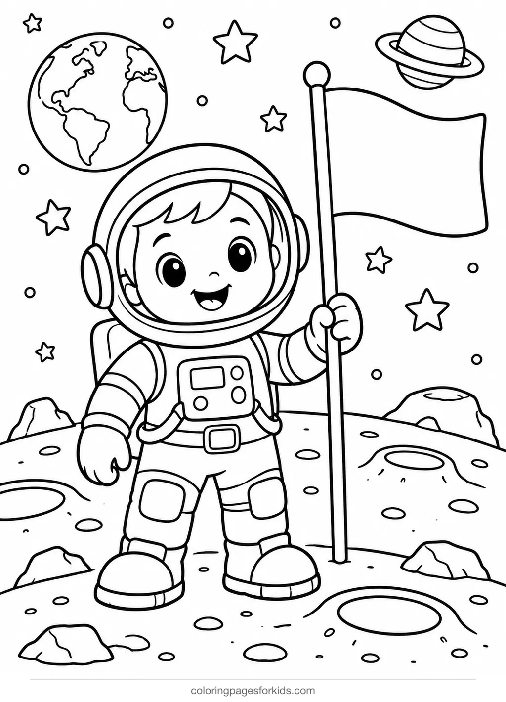Astronaut coloring page of an astronaut on the Moon with a blank flag, medium printable for ages 5-7