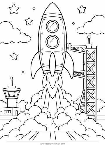 Rocket coloring page of a rocket launching from a pad with smoke clouds, medium printable for ages 5-7