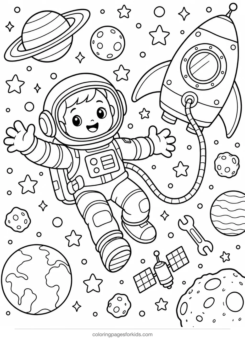 Astronaut coloring page of an astronaut floating by a spaceship, detailed printable for ages 7-10