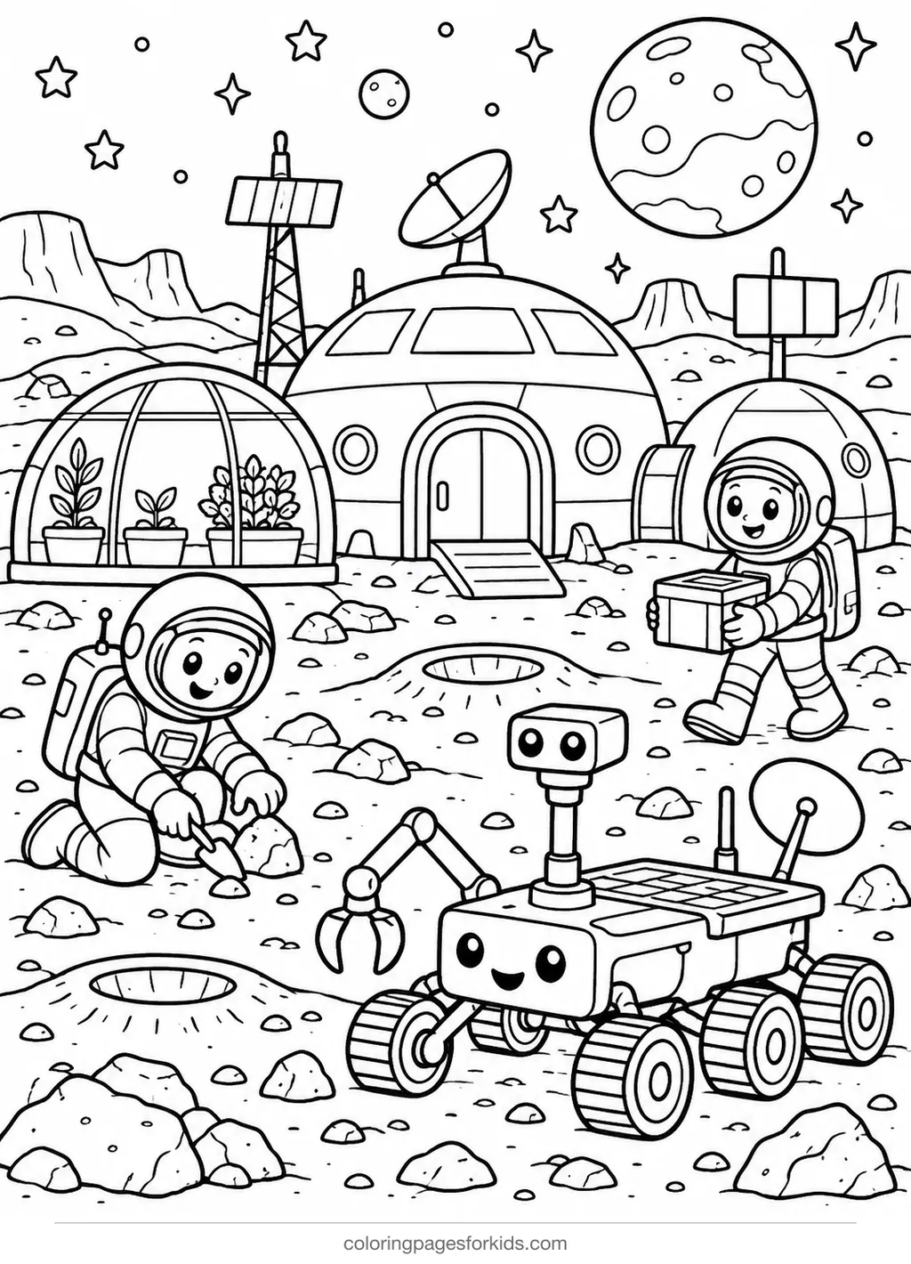 Astronaut coloring page of a Mars base with domes, rover and astronauts, detailed printable for ages 7-10