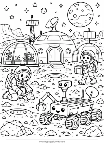 Astronaut coloring page of a Mars base with domes, rover and astronauts, detailed printable for ages 7-10