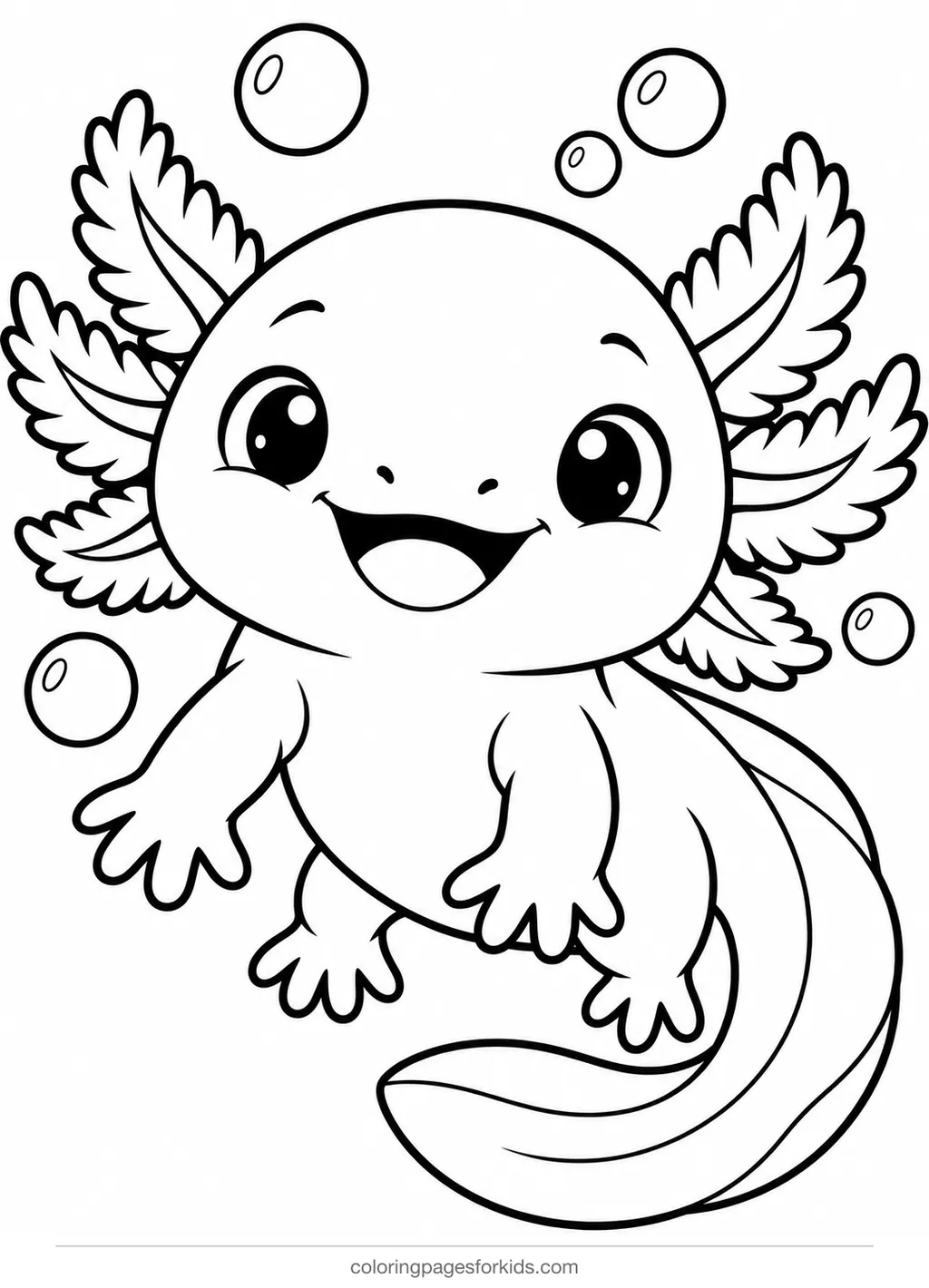 Axolotl coloring page of a smiling kawaii axolotl, easy printable for ages 3-5