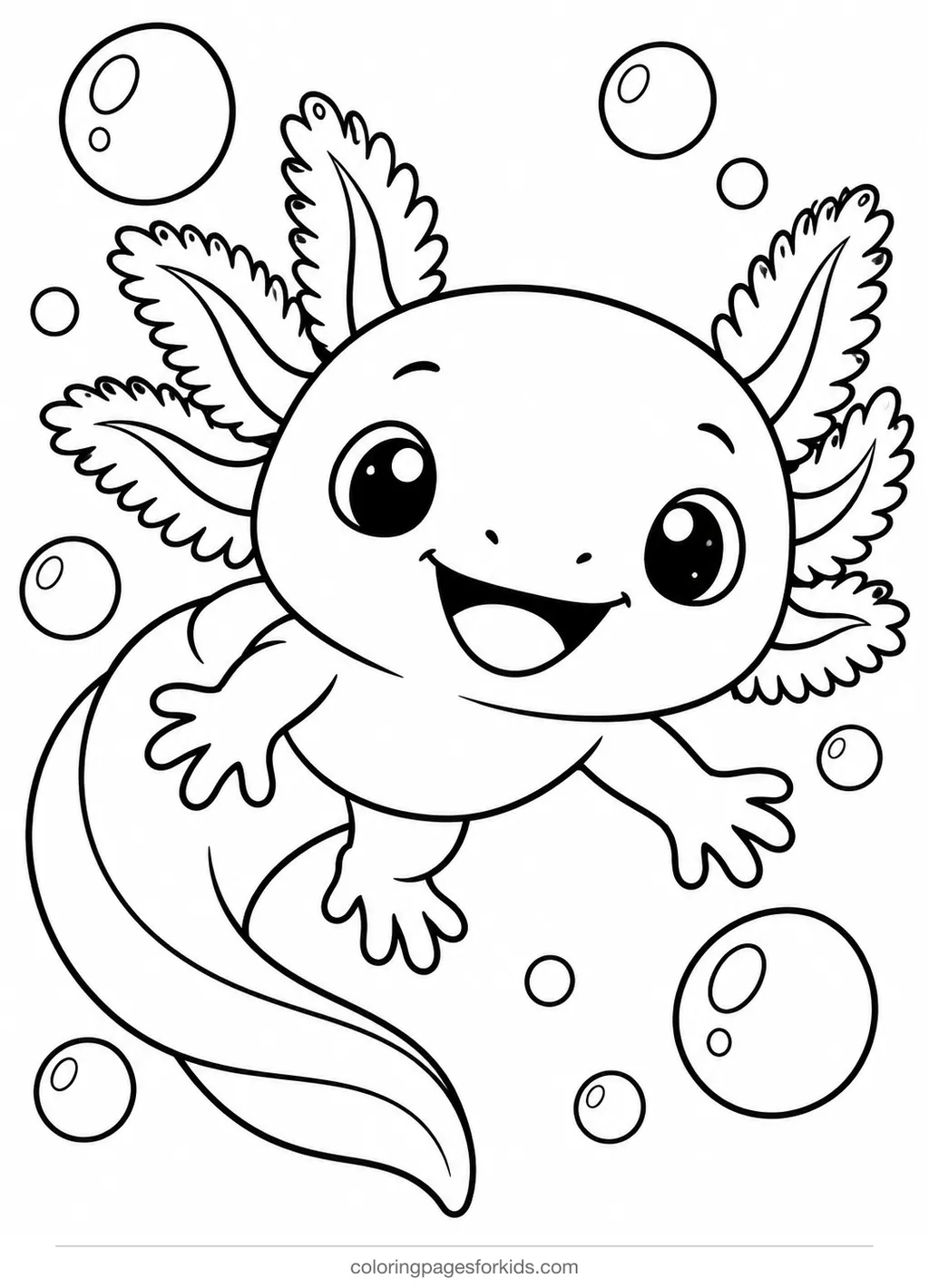 Axolotl coloring page of a swimming axolotl with bubbles, easy printable for ages 3-5