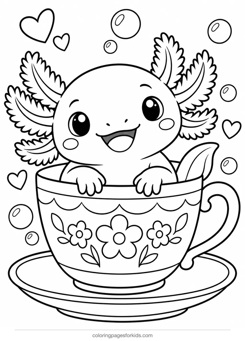 Axolotl coloring page of an axolotl in a teacup, medium printable for ages 5-7