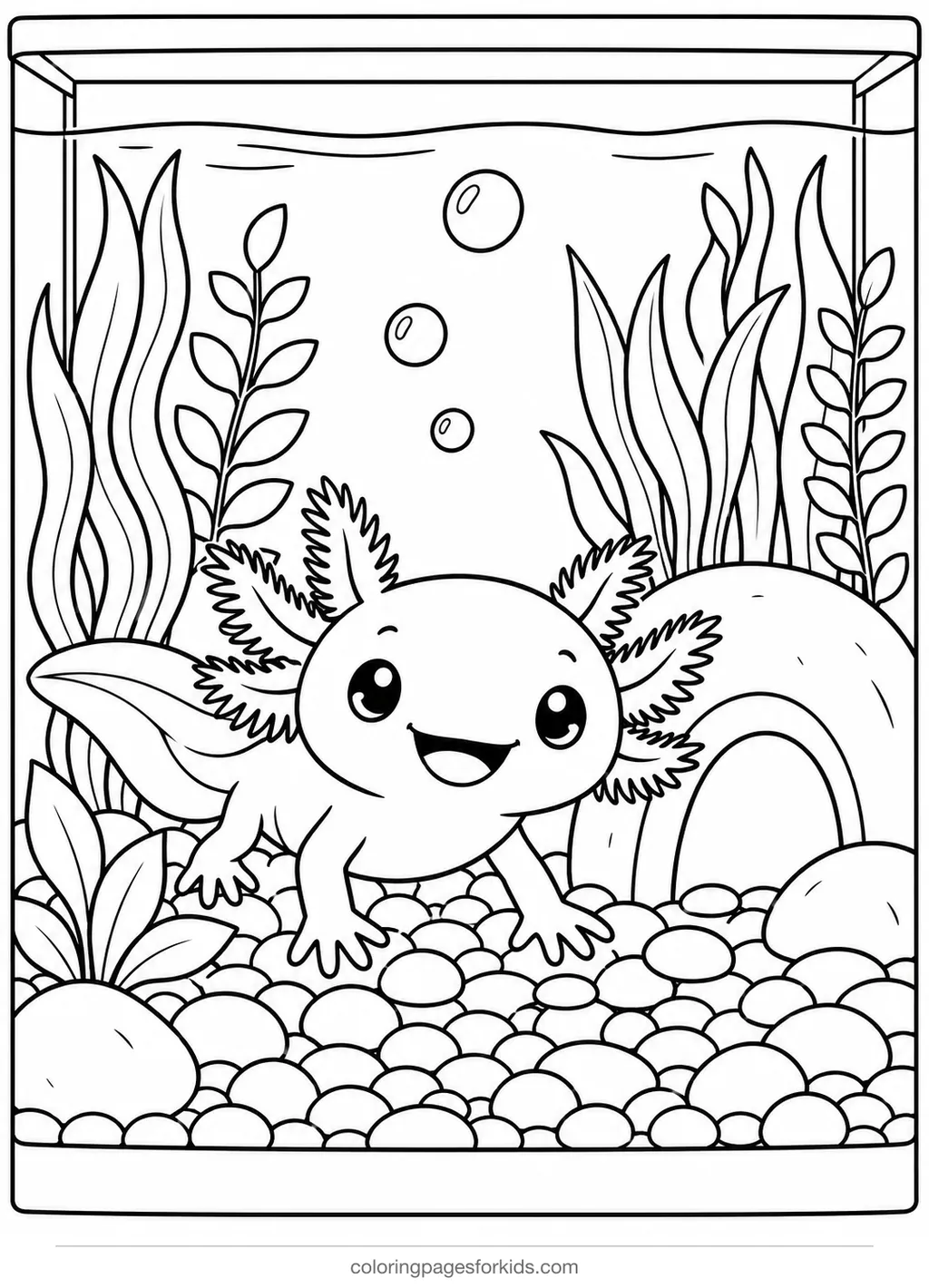 Axolotl coloring page of an aquarium with plants and cave, medium printable for ages 5-7