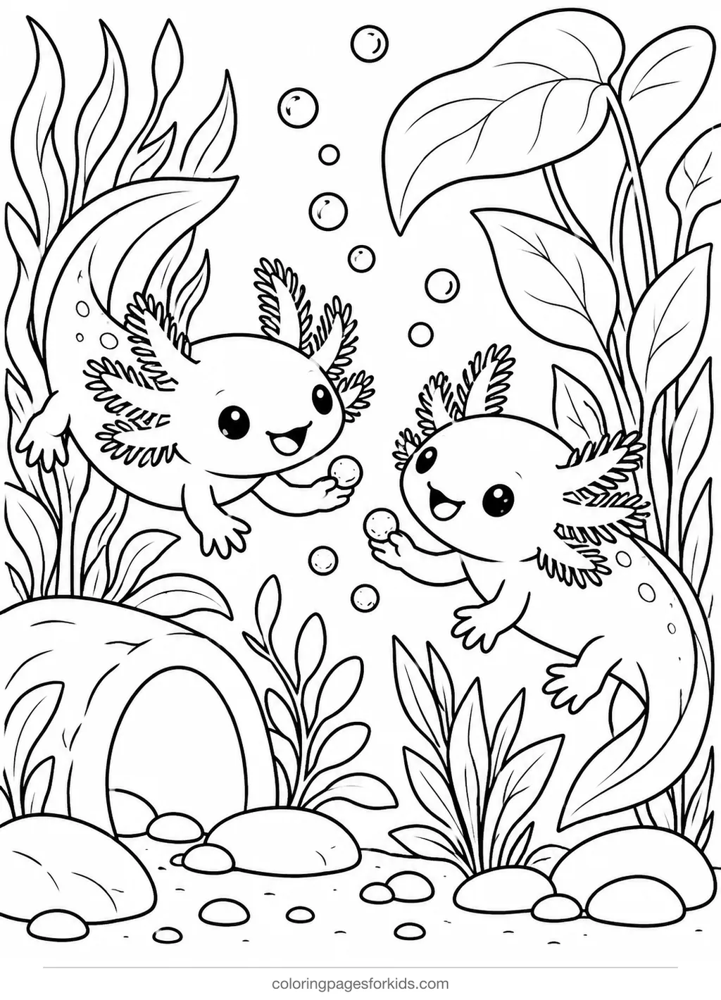 Axolotl coloring page of two axolotl friends with plants, medium printable for ages 5-7